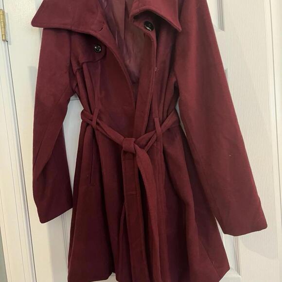 Valerie Stevens Womens Jacket with Tie‎ Belt Burgundy Large Wool Large Buttons - Picture 3 of 14